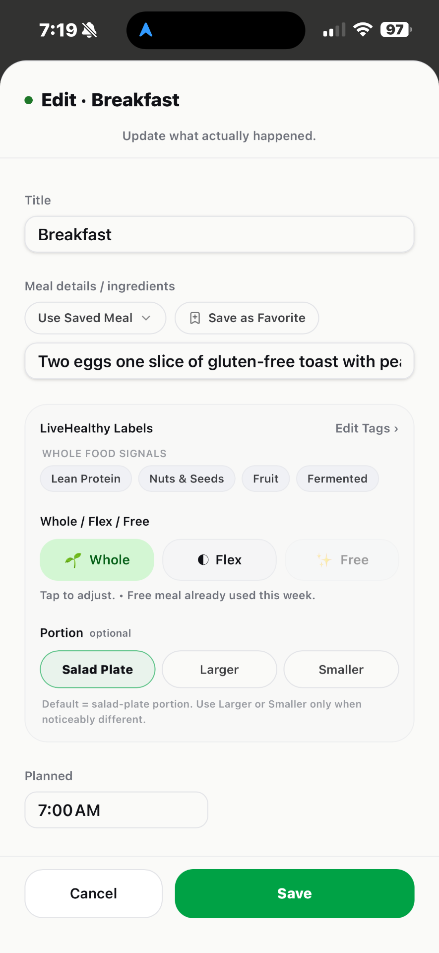 LiveHealthy — Edit meal with LiveHealthy labels