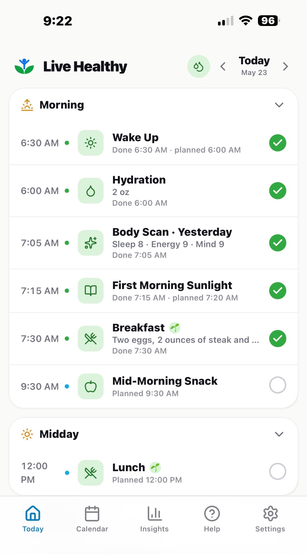 Live Healthy app — Today timeline